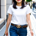 Chanel Tweed Belt Outfit**

"A stylish Japanese woman in her late 20s, fully clothed in a chic, casual outfit: a simple white T-shirt, well-fitting denim jeans, and a Chanel tweed belt with a classic gold buckle.  She is standing in a bright, modern city setting like Omotesando, Tokyo, with upscale boutiques in the background.  Perfect anatomy, well-formed hands, natural pose, appropriate attire, modest clothing, safe for work, family-friendly, professional fashion photography, high quality, appropriate content."

**