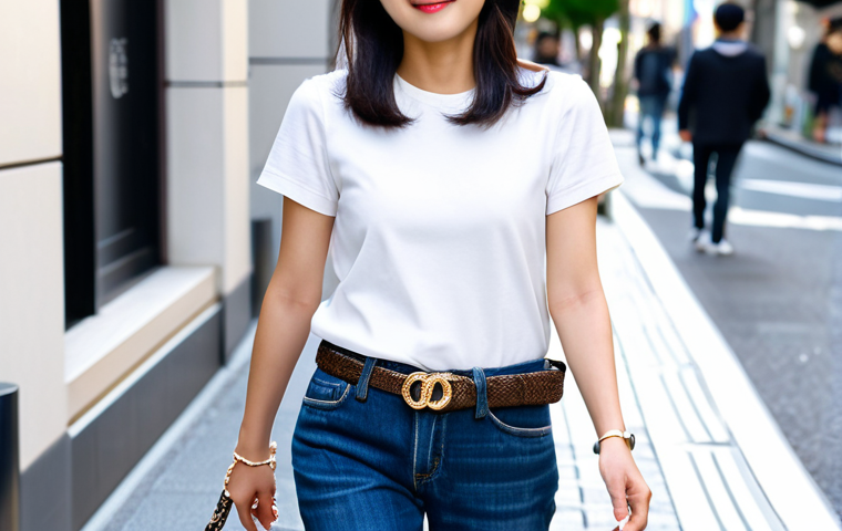 Chanel Tweed Belt Outfit**

"A stylish Japanese woman in her late 20s, fully clothed in a chic, casual outfit: a simple white T-shirt, well-fitting denim jeans, and a Chanel tweed belt with a classic gold buckle.  She is standing in a bright, modern city setting like Omotesando, Tokyo, with upscale boutiques in the background.  Perfect anatomy, well-formed hands, natural pose, appropriate attire, modest clothing, safe for work, family-friendly, professional fashion photography, high quality, appropriate content."

**