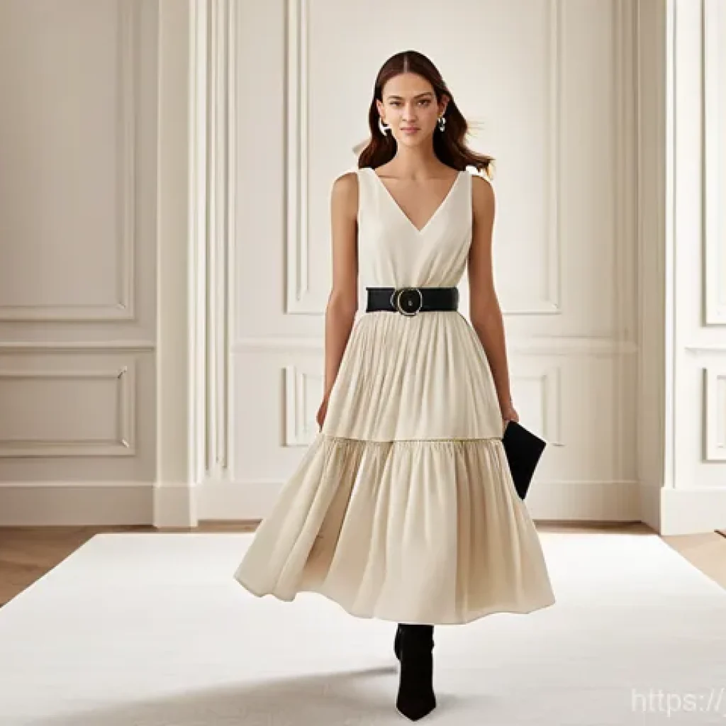 디올 새들 벨트와 미니 벨트 스타일링 - A stylish woman in her late 20s to early 30s, gracefully standing in a bright, airy room with soft n...