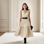 디올 새들 벨트와 미니 벨트 스타일링 - A stylish woman in her late 20s to early 30s, gracefully standing in a bright, airy room with soft n...