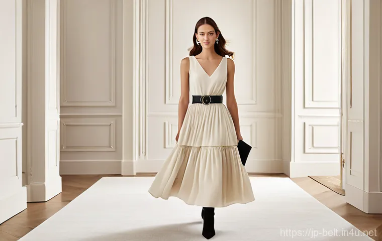 디올 새들 벨트와 미니 벨트 스타일링 - A stylish woman in her late 20s to early 30s, gracefully standing in a bright, airy room with soft n...