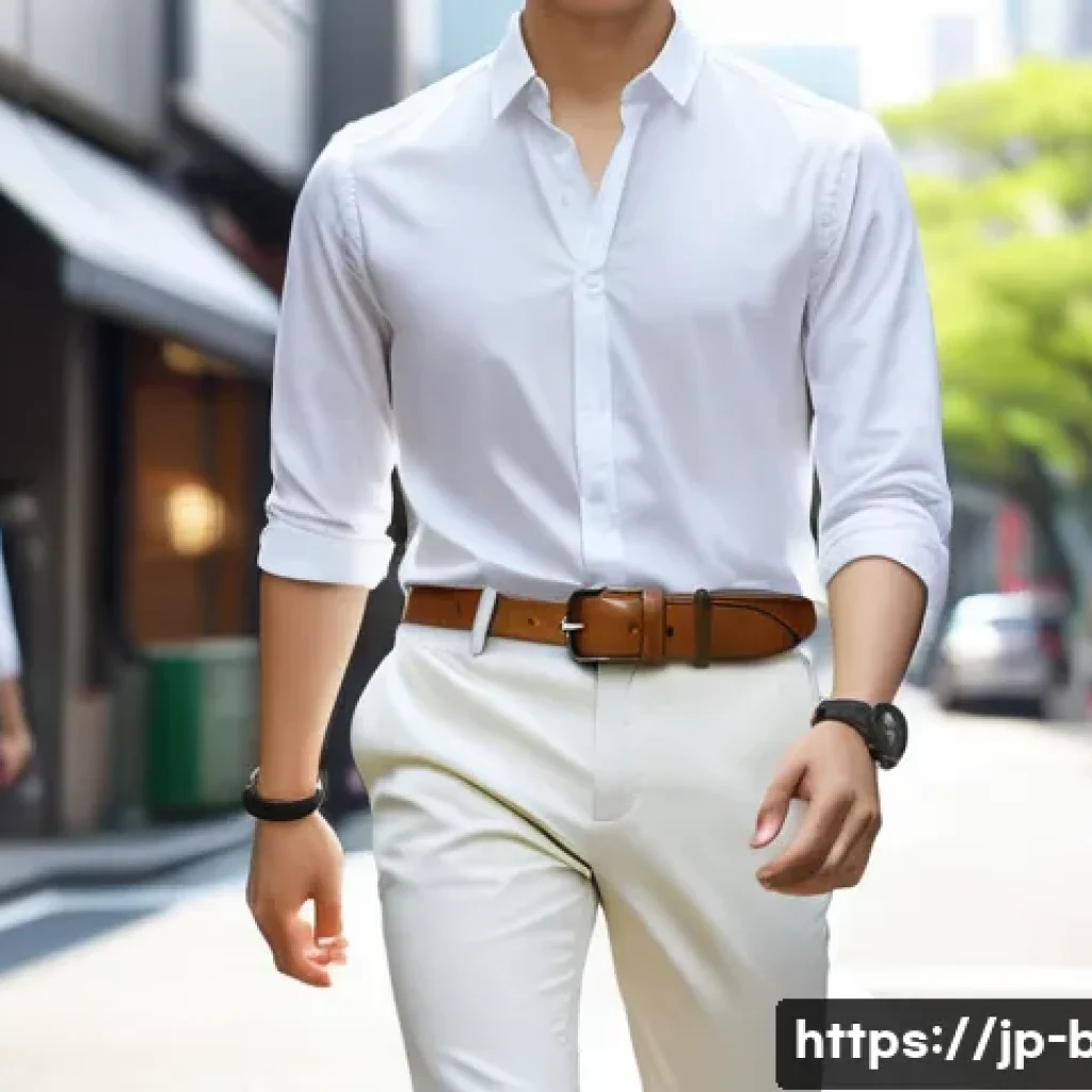 페라가모 슬림 벨트와 클래식 벨트 비교 - A sophisticated urban fashion scene featuring a young Japanese man wearing a slim, lightweight leath...