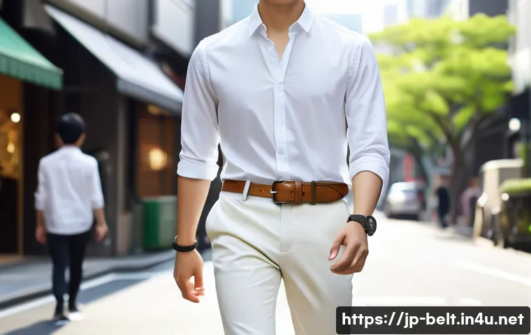 페라가모 슬림 벨트와 클래식 벨트 비교 - A sophisticated urban fashion scene featuring a young Japanese man wearing a slim, lightweight leath...