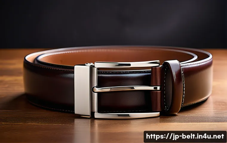 코치의 클래식 레더 벨트와 캔버스 벨트 - A close-up shot of a classic dark brown leather belt with a glossy metal buckle, showcasing the rich...