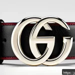 구찌와 루이비통의 리버서블 벨트 비교 - A high-fashion close-up shot of a reversible Gucci belt featuring its iconic large double G logo buc...